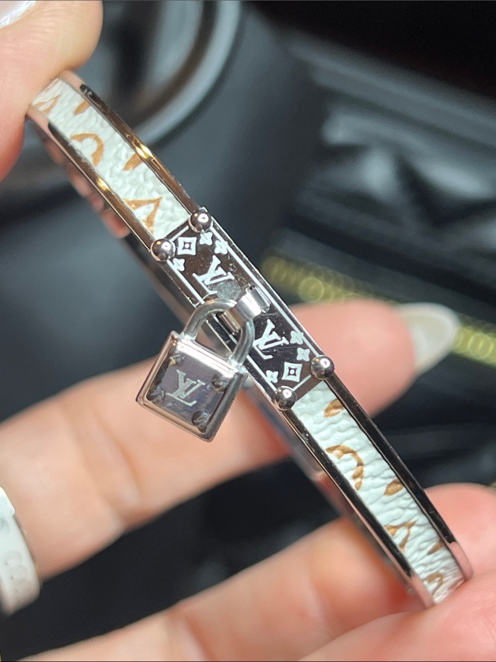 White & Gold Monogram Padlock Bangle Bracelet